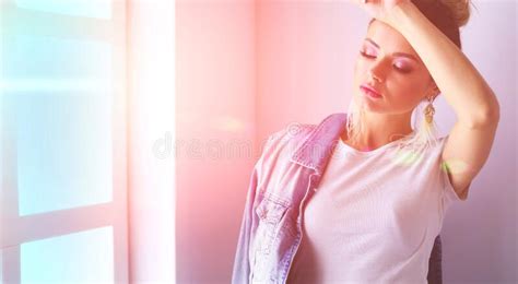 Beautiful Woman Portrait Standing Near Window On White Background Stock Image Image Of