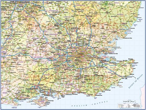 South East England 1st level County Wall Map with Roads and Rail