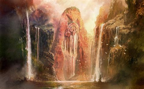 1364x768 Resolution Painting Of Brown And Green Waterfalls Fantasy