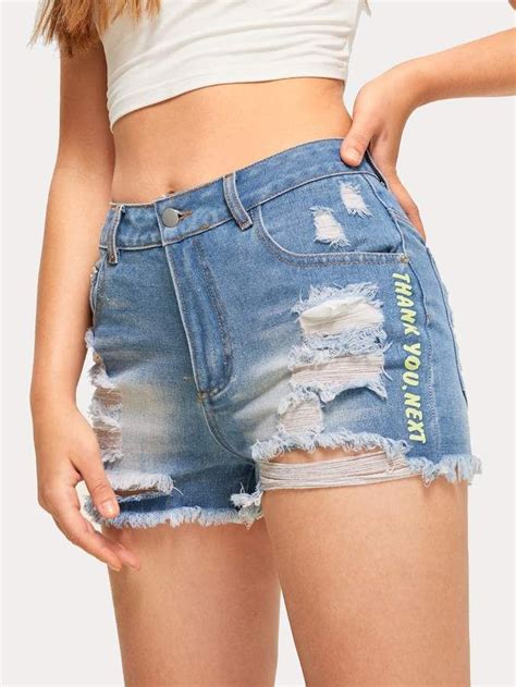 Shein Slogan Print Ripped Raw Hem Denim Shorts Denim Shorts Type Of Pants Summer Style Casual