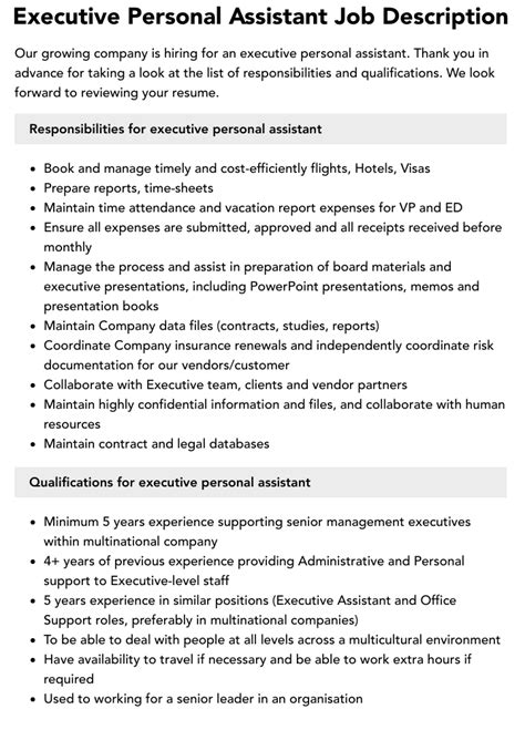 Executive Personal Assistant Job Description Velvet Jobs