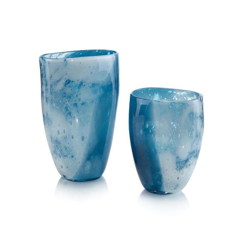 Set Of Two Skies Of Blue And Clouds Of White Glass Vases