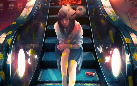 1440x900 Anime Girl Sitting On Escalator Wallpaper1440x900 Resolution