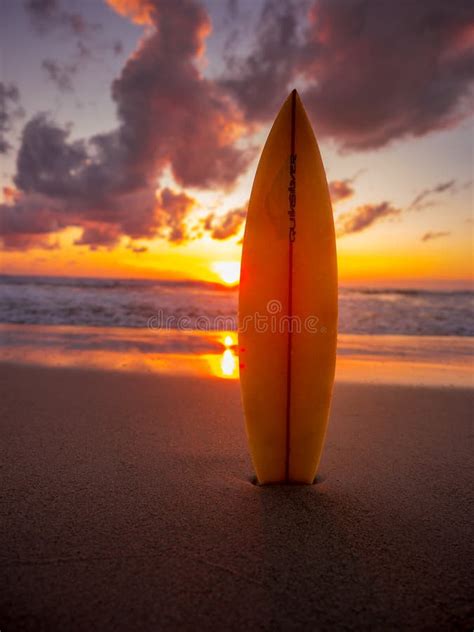 Surfboard On The Beach In Sea Shore At Sunset Time Stock Image Image