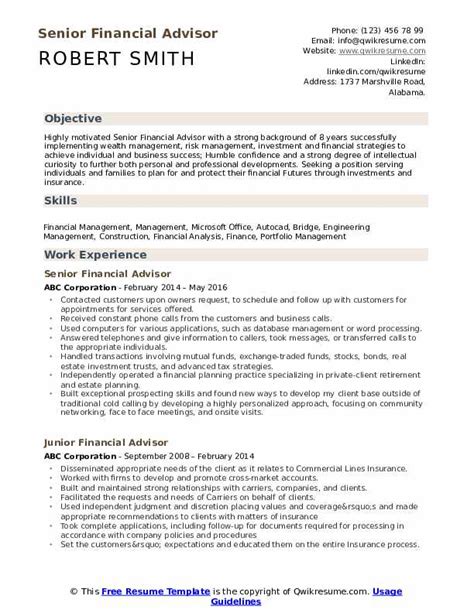 A financial advisor works in a counseling position in a financial institution. Financial Advisor Resume Samples | QwikResume