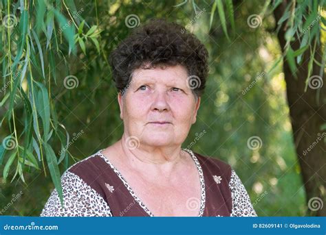 Mature Woman With Curly Hair Near Weeping Willow Stock Image Image Of