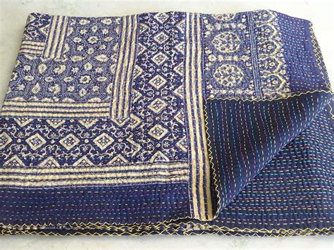 Blue Kantha Quilt King Size Hand Stitch Kantha Ajrakh Bedcover Etsy