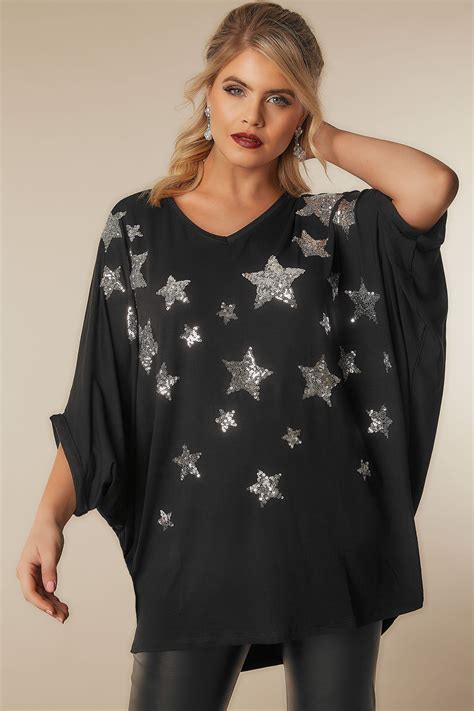 Yours London Black Star Sequin Embellished Oversized