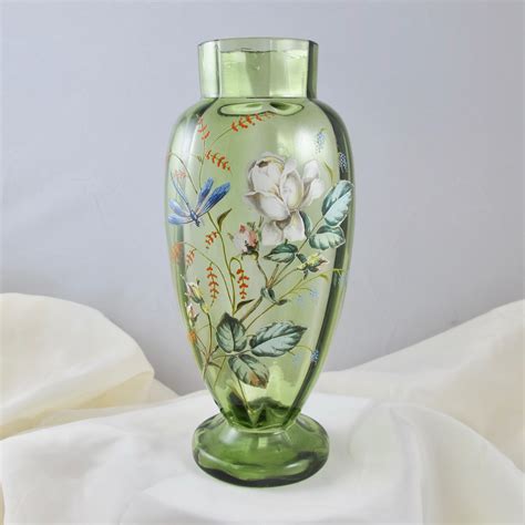 Antique Moser Painted Enameled White Rose Dragonfly Art Glass Vase Carnival Glass