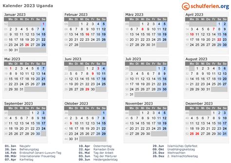 Kalender 2023 Uganda Mit Feiertagen