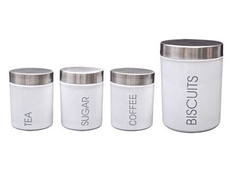 These airtight, space saving storage containers keep your. 4 Pcs Tea, Coffee, Sugar & Biscuits Canister Set - White ...