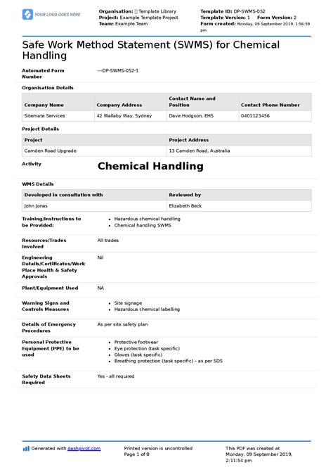 Chemical Handling Safe Work Method Statement Swms
