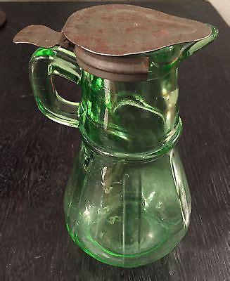 Vintage Hazel Atlas Green Depression Glass Syrup Milk Pitcher Metal