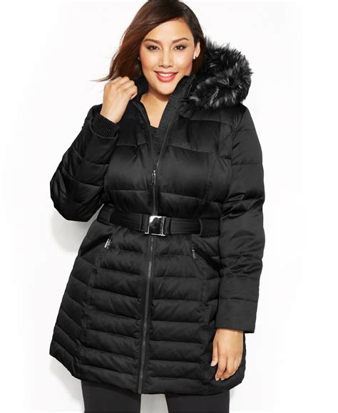Lyst Dkny Plus Size Faux Fur Hooded Belted Down Coat In Black