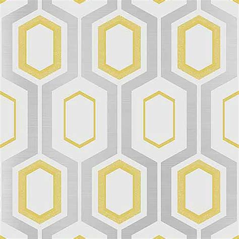 Coloroll Mortimer Yellow Silver White Hexagon Designer Retro Wallpaper