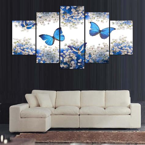 Framed 5 Piece Blue Butterfly Canvas Wall Art Sets It