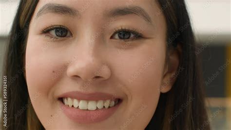 Close Up Face Happy Asian Woman Smiling Chinese Korean Japanese Girl Looking At Camera Head Shot