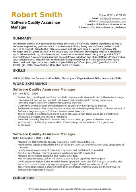 Download sample resume templates in pdf, word formats. Software Quality Assurance Manager Resume Samples | QwikResume