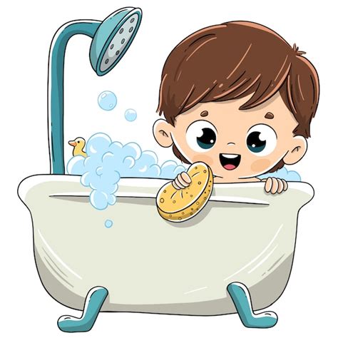 Niño bañándose en la bañera con espuma. | Vector Premium