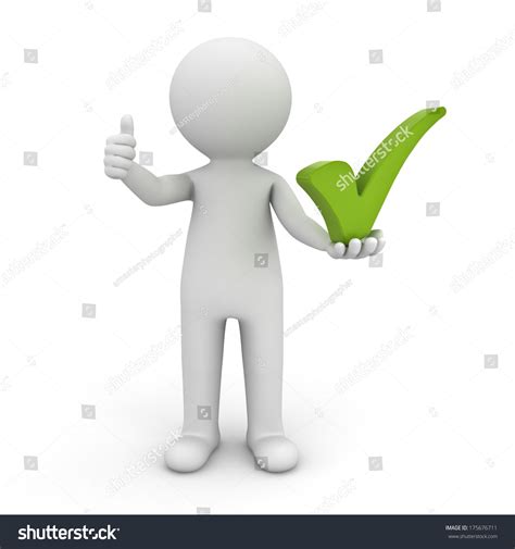 3d Man Showing Thumbs Up With Green Check Mark On His Left