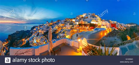 Panorama Of Oia At Sunset Santorini Greece Stock Photo