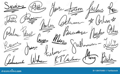 Set Of Handwritten Signatures In Blue Isolated On White Background