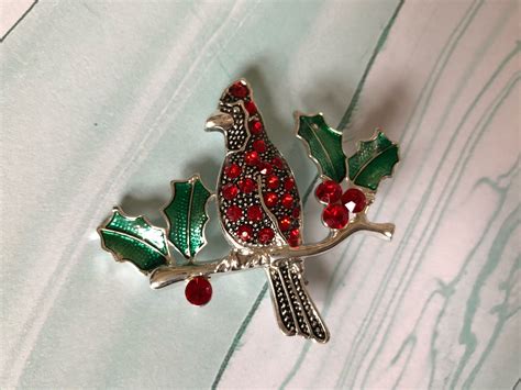 stunning cardinal holly christmas brooch vintage jewelry holly etsy vintage jewelry