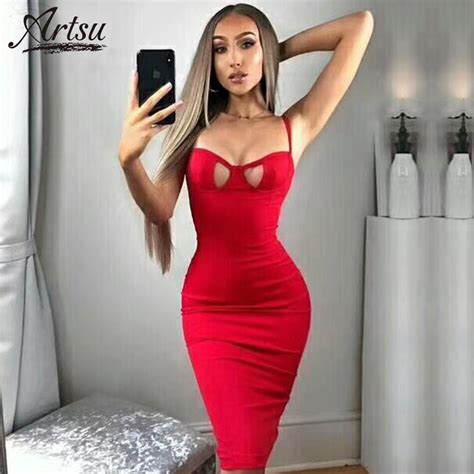 Artsu New Red Sexy Spaghetti Strap Dress Nightclub 2018 Tight Backless Summer Dress Hot Sale