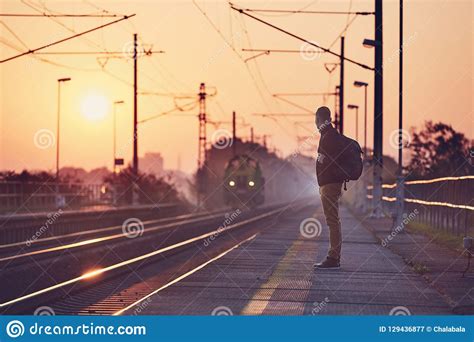 Alone Man Waiting At Railroad Station Stock Image Image Of Europe