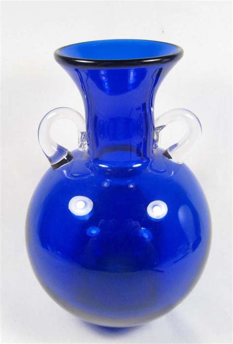 Cobalt Blue Blenko Glass Vase W Clear Glass Handles
