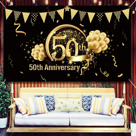 50th Anniversary Decorations Extra Large Fabric Black Gold Sign Poster