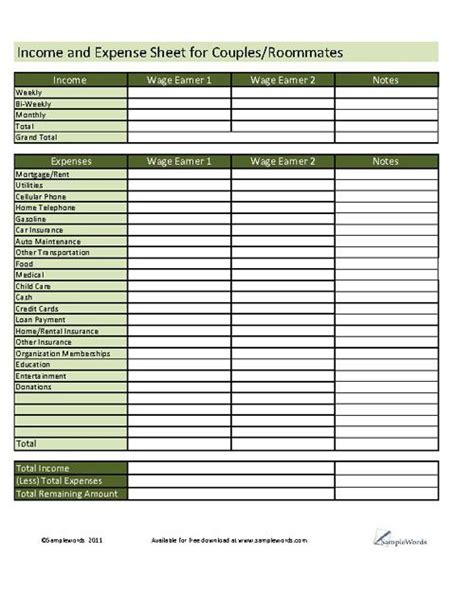 Income Expense Sheet For Couplesroommates In Pdf Format Allows You To