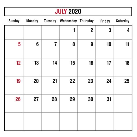 Free Blank July 2020 Calendar Template Printable Blank Calendar Template