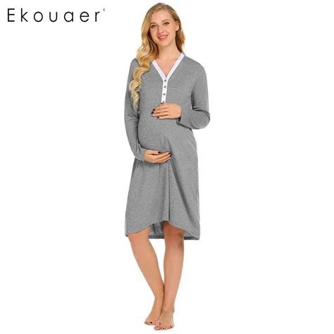 Ekouaer Sleepwear Long Sleeve Nightgown Women Nightwear Solid Maternity Nursing Breastfeeding