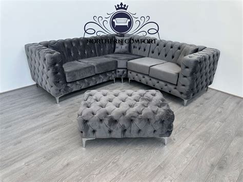 Grey Velvet Chesterfield Corner Sofa Baci Living Room