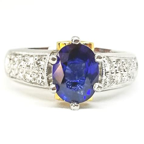 In 14k yellow gold (1/10 ct. 1.48 Carat Blue Ceylon Sapphire Diamond Engagement or Right Hand Ring Platinum For Sale at 1stdibs