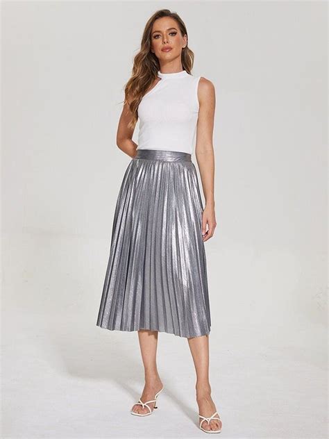 Silver Fabric Metallic Fabric Silver Midi Skirt Silver Color