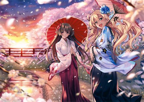 2girls Blonde Hair Brown Hair Cherry Blossoms Clouds Flowers Green Eyes Japanese Clothes Kimono