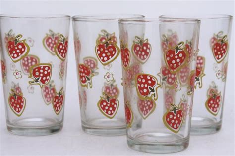 retro glass tumblers set drinking glasses w red strawberries print vintage libbey glassware