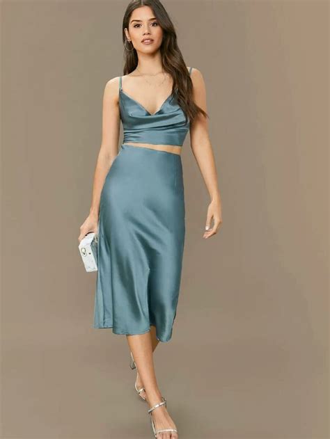 Draped Neck Satin Cami Top And Skirt Set Shein Eur Satin Top Outfit