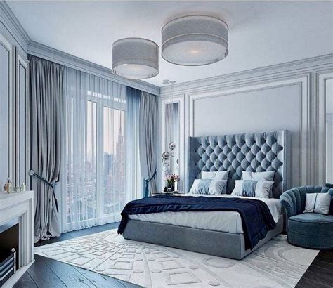Beautiful Blue And White Bedroom With Blue Tufted Bed Light Blue