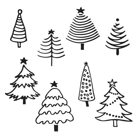 Set Of Christmas Tree Doodle Illustration Hand Drawn Sketch Line