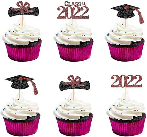 2022 Graduation Cupcake Toppers Black And Red Glitter 2022 Graduation