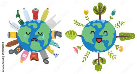 Save The Planet Print With Cute Character Two States Of Earth Crying
