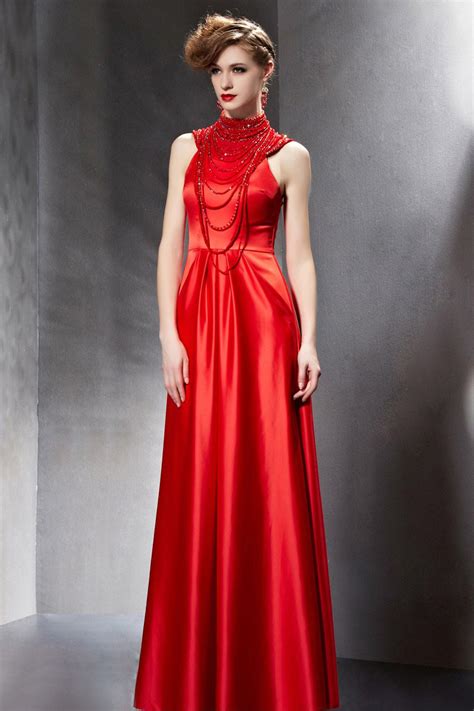 Modern High Neck Beading Red Long Formal Dress With Pockets Xhc30823