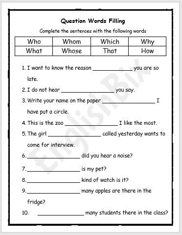 Wh Question Words Filling Worksheet - EnglishBix