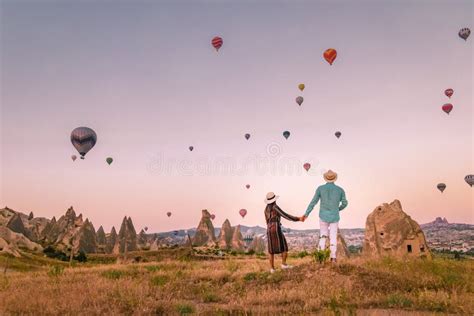 Cappadocia Turkey During Sunrise Couple Mid Age Men And Woman On