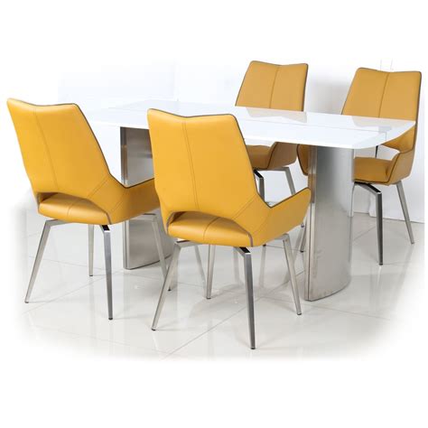 Kitchen table and chairs selection see all kitchen table and chairs. White gloss dining table and 4 yellow swivel chairs ...