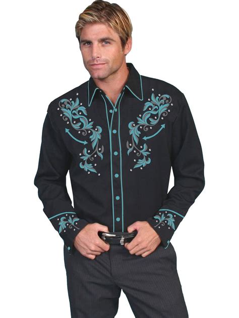 Scully® Mens Black Turquoise Embroidered Long Sleeve Show Shirt