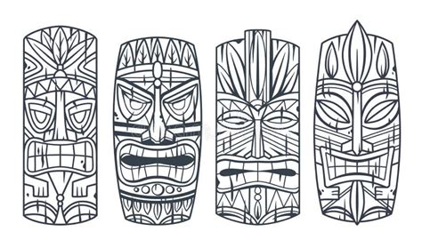 Set Of Hawaii Tiki Mask Or Face Idol Ethnic Totem Stock Vector